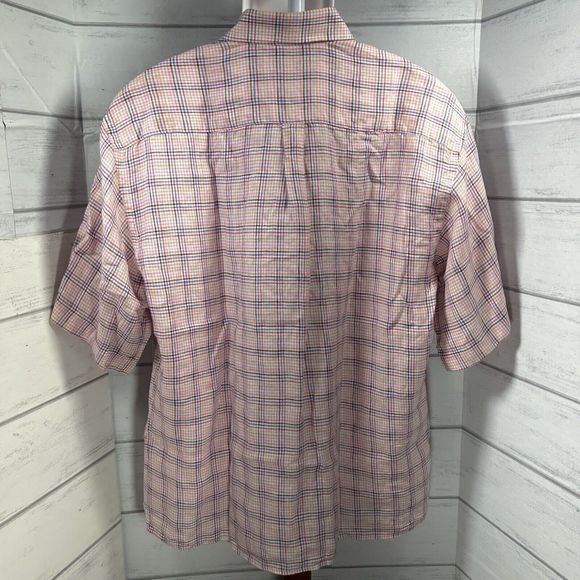 Peter Millar Men's Plaid Button Front Shirt Short Sleeve Linen Pink Size Large - Picture 5 of 9